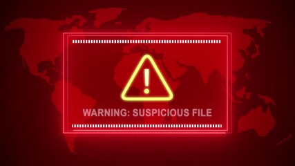 Warning: Suspicious file warning. Cybersecurity defense and system protection from hackers, secure digital systems, cyberattack prevention. Digital security and risk control.