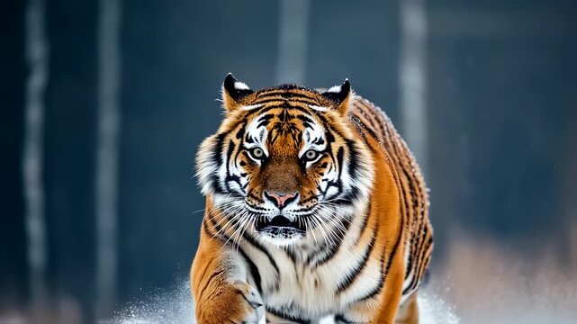 Majestic Siberian tiger running through the snow in winter wildlife scenery footage