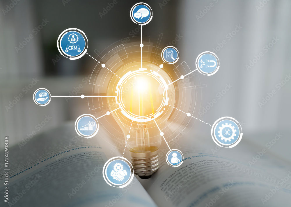 Aufkleber this image illustrates a light bulb as a symbol of ideas, surrounded by digital icons that represent