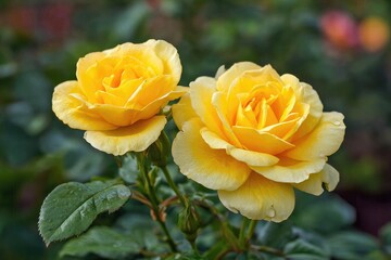 Two vibrant yellow roses in a garden setting