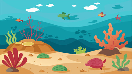 A sandy ocean floor sprinkled with coral formations home to graceful sea turtles and graceful sea anemones.