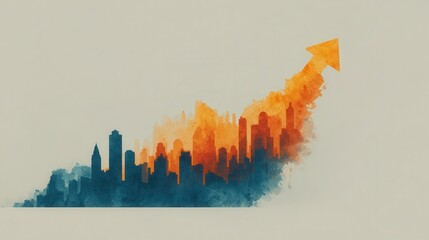 Fototapeta premium Futuristic Skyline with Glowing Arrow Chart Representing Valuation Growth in Watercolor Wash Style
