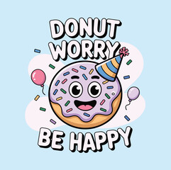 Cartoon donut with party hat surrounded by balloons and confetti on a light blue background