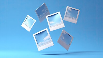 Floating polaroid images of a light blue sky