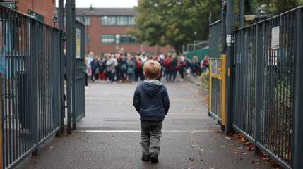Obraz premium Child walking through school gate towards gathering of students, autumn leaves on ground, wearing blue hoodie, soft focus background, outdoor school environment, daylight