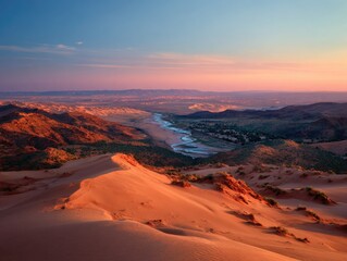 High-angle desert panorama at sunrise