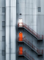 Industrial exterior with orange doors and metal stairs