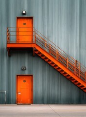 Industrial exterior, orange metal stairs and doors