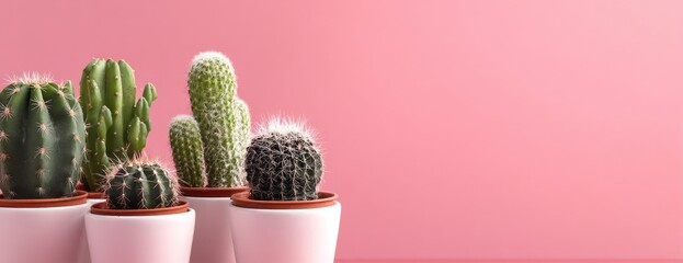 Group of cacti in white pots against a pink background