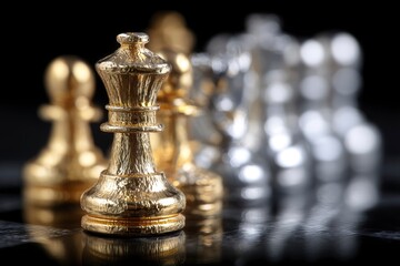 Gold chess queen stands amidst blurred chess pieces on a reflective surface against a black backdrop