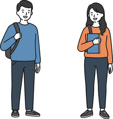 Casual students standing together, smiling, holding book, backpack, urban fashion, education concept, youth lifestyle, friendship, diversity, learning, school, campus