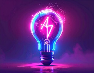 Neon lightbulb glows with vibrant colors. A stylized lightning bolt inside. 3D render. Dark background