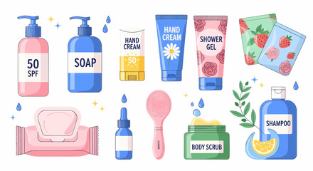 Skincare and hygiene products collection vector illustration