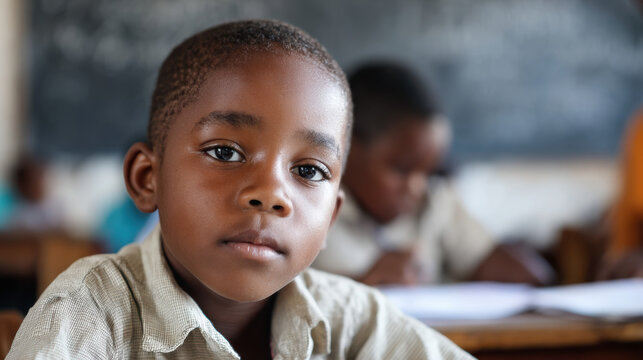 Young boy sitting at a school desk looking directly at the camera while classmates work on assignments in a classroom setting with a chalkboard in the background.