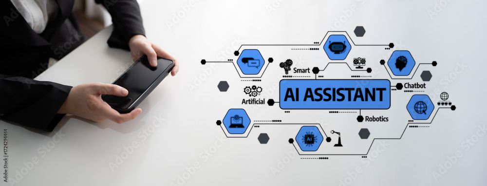 Poster individual interacting with a smartphone, showcasing ai assistant technology. visual elements highli