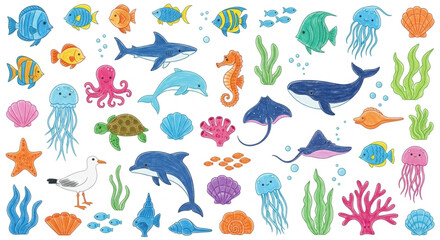 Obraz premium Ocean Life A Colorful Collection of Sea Creatures and Plants
