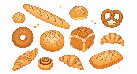 Assortment of fresh bakery bread and pastry vector illustration