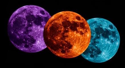 Obraz premium Colorful moons in purple, orange, and blue against a black background, creating a unique cosmic abstract effect.