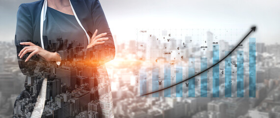 A confident businesswoman stands with crossed arms, overlooking a modern cityscape. Behind her, graphical representations of growth and success highlight a dynamic urban environment. Impute