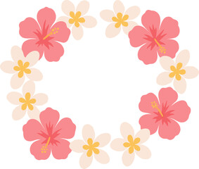 Floral lei with pink hibiscus whitepink plumeria arranged in an open semicircle isolated on a white background