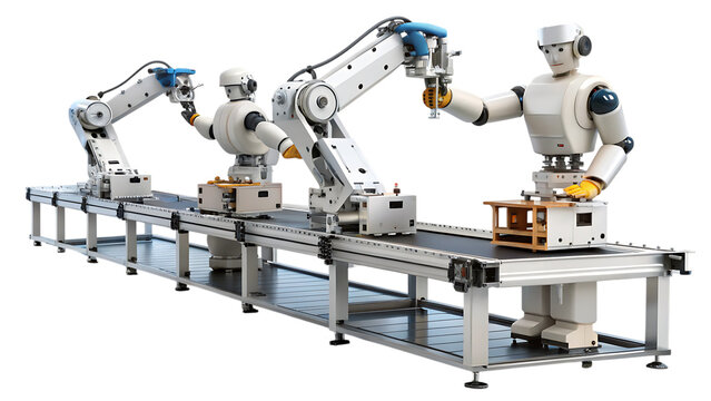 Robotic arms assembling on a conveyor belt production line cutout png isolated on a transparent background