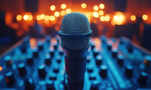 Close-up of a microphone on a music mixing console, with a blurred background of a concert venue