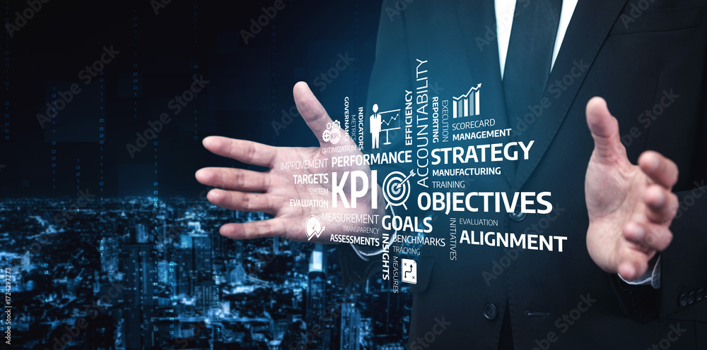 Poster a business professional showcases key performance indicators and strategic concepts, emphasizing obj