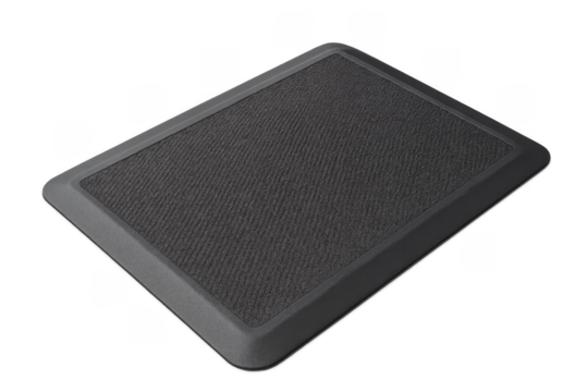Black rectangular floor mat with rubber border