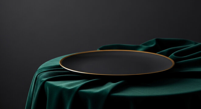 Black plate on draped green velvet fabric