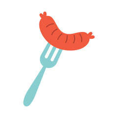 Sausage and fork. Isolated white background. Flat style vector illustration