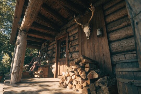 Rustic log cabin porch on a sunny day