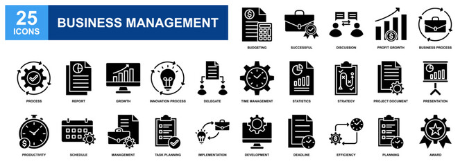 Business Management icon set collection. Containing design Budgeting, Strategy, Productivity, Profit Growth, Business Process
