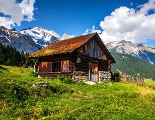 Fototapeta premium Alpine chalet nestled in a meadow, with majestic mountains