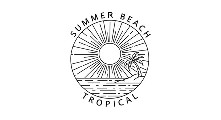 Linear illustration of a tropical beach scene with sun, sea, and palm tree inside circle