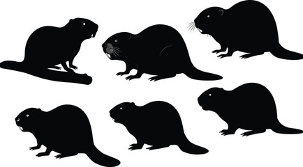Collection of beaver silhouette vector illustrations showing different poses, isolated animal design set, wildlife rodent graphics for nature and forest themes.