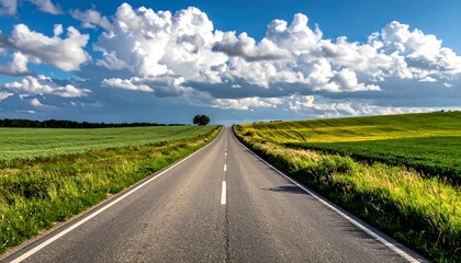 Open road through a landscape of fields and clouds