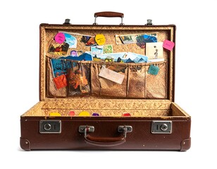 Open vintage suitcase filled with travel mementos