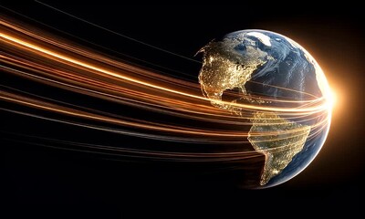 Earth with illuminated continents spinning in space with dynamic light trails around it - Powered by Adobe