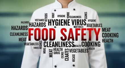 Chef promoting crucial food safety and hygiene standards with key terms like cleanliness, health, cooking, and vegetables for restaurant success