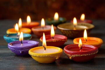 Group of diya lamps brightly lit on a wooden surface creating a warm colorful display