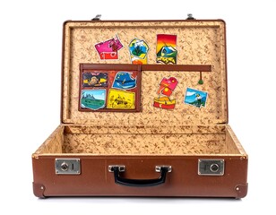 Open vintage suitcase with travel stickers