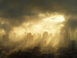 Obraz premium Golden sunlight breaking through dark storm clouds over a city skyline creating a dramatic contrast with silhouettes of buildings during a rainy atmosphere.