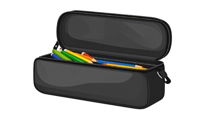 Opened black pencil case with colorful pencils inside