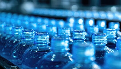 Close-up of plastic water bottles on a conveyor belt