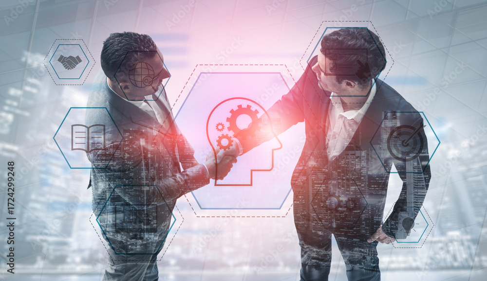 Poster head with gear and icons representing learning, digital training, and development process, showing s
