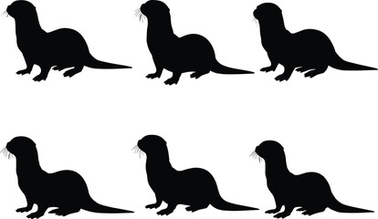 Collection of otter silhouette vector illustrations in different poses, isolated black animal design set for wildlife, aquatic mammal, and nature themes.