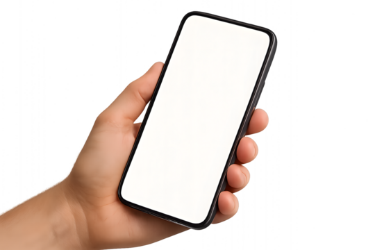 A hand holding a smartphone with a blank screen.