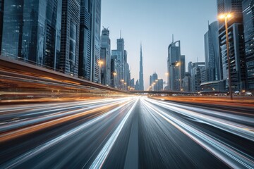 Fototapeta premium City streets at dawn with fast-moving cars