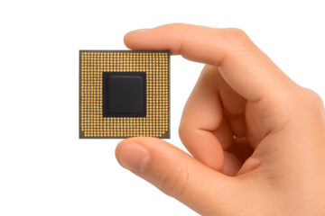 A hand delicately holding a computer processor, emphasizing technological innovation. 