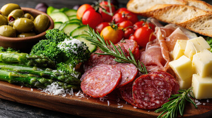 Artfully arranged charcuterie board featuring sliced meats, assorted cheeses, fresh vegetables, olives, and artisan bread on a rustic wooden surface.